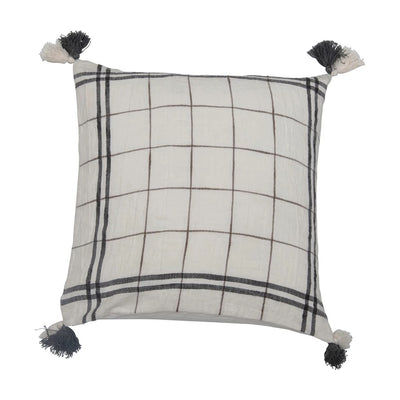 Linen Blend Pillow with Grid Pattern and Tassels