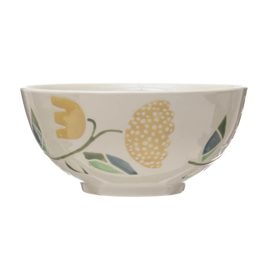 Hand-Painted Stoneware Bowl w/ Wax Relief Flowers
