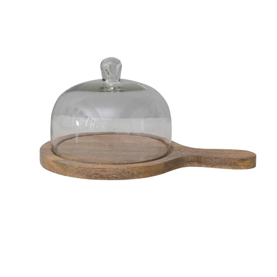 Mango Wood Serving Tray w/ Glass Cloche & Handle