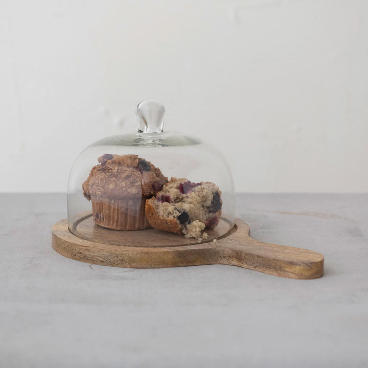 Mango Wood Serving Tray w/ Glass Cloche & Handle