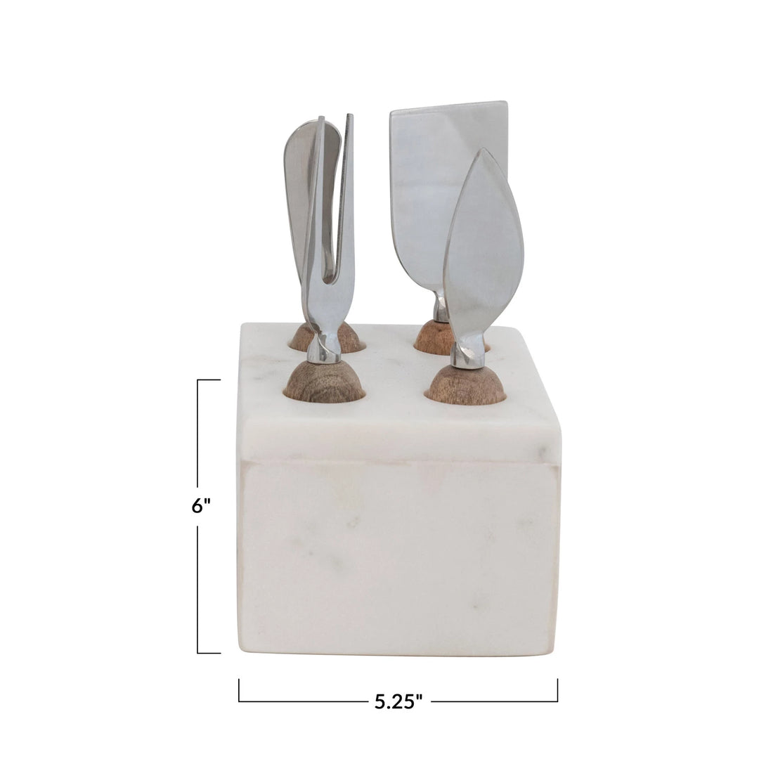 Stainless Steel Cheese Servers w/ Mango Wood Handles and Marble Stand