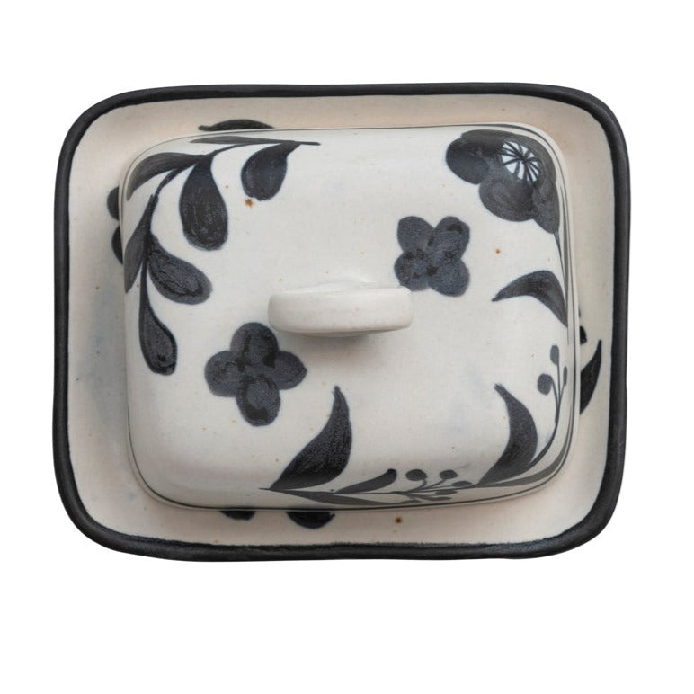 Hand-Painted Stoneware Butter Dish w/ Floral Design