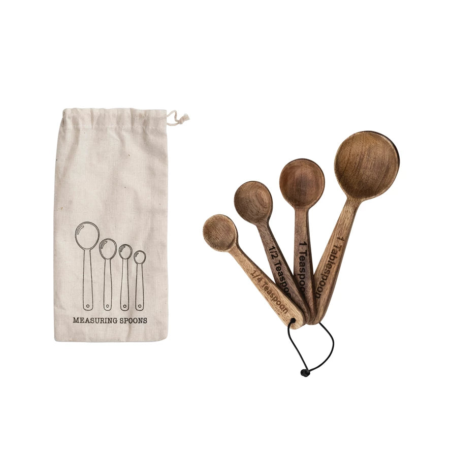 Mango Wood Measuring Spoons, Printed Drawstring Bag