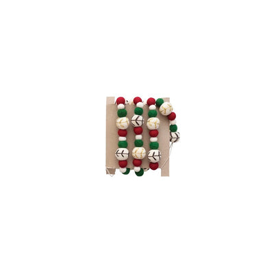 72"'L Wool Felt Ball Garland with Embroidery, Natural, Red and Green